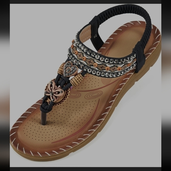 NWOT Aomigoct navy bohemian embellished elastic ankle flip flops sandals - Picture 12 of 12